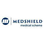 The Medshield medical scheme logo. A small blue icon of three linked shields is on the left, with the name "MEDSHIELD" in a larger font and "medical scheme" in a smaller font underneath it.